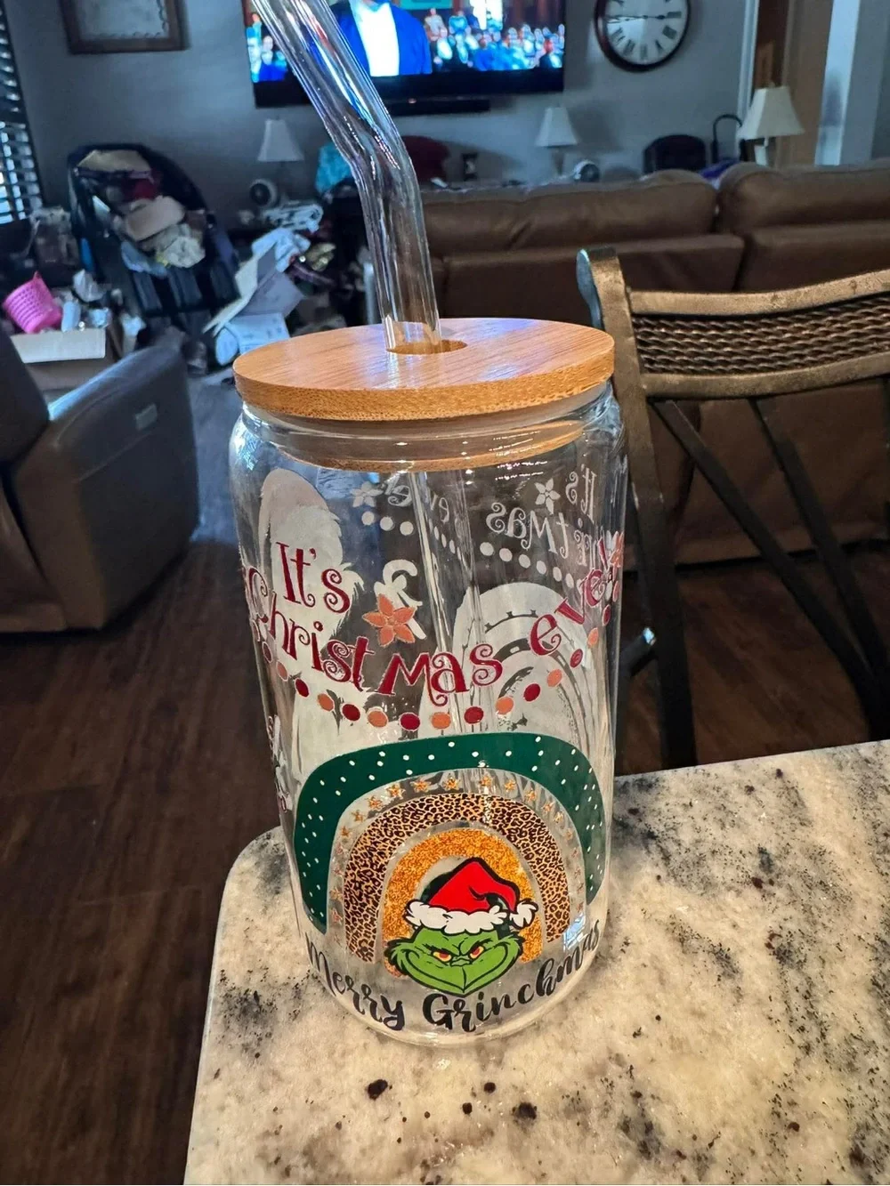 Hand Crafted grinch Merry Grinchmas Glass Cup with Bamboo Lid - Green, Red,